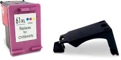 Tricolor ink cartridge with plastic protective case.