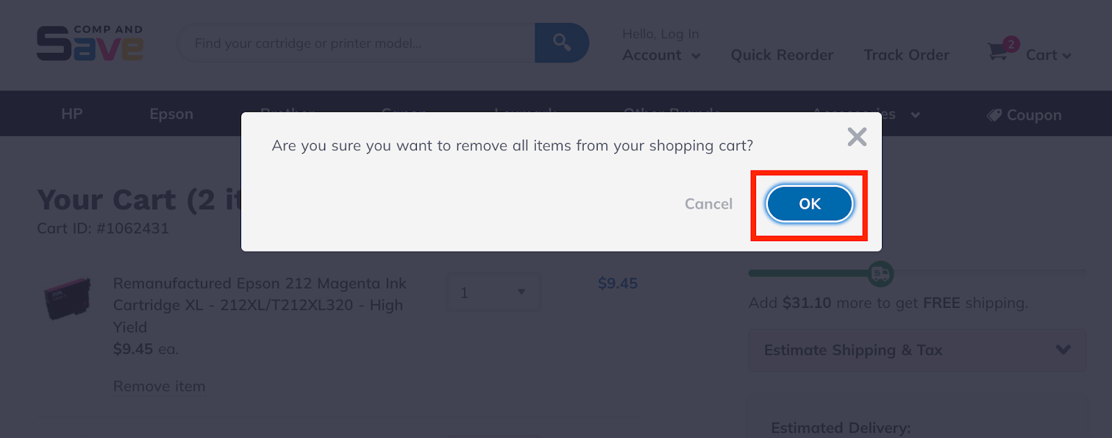 Clear shopping cart confirmation dialog